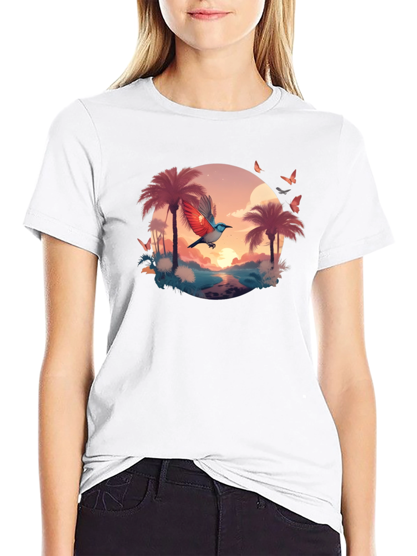 Tropical Bird Graphic Tee - Black