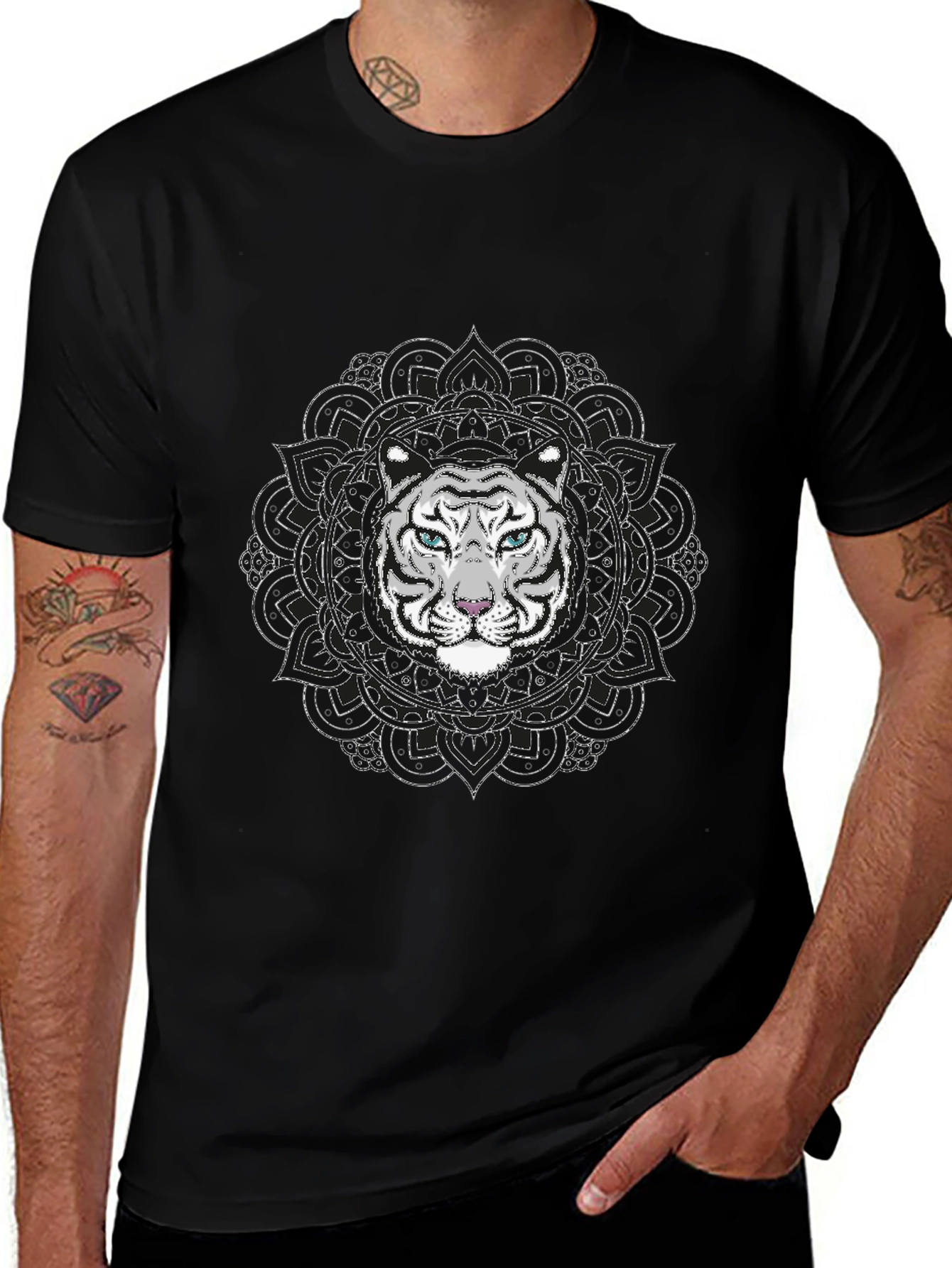 White Tiger Mandala Graphic Tee - Stylish Black T-Shirt