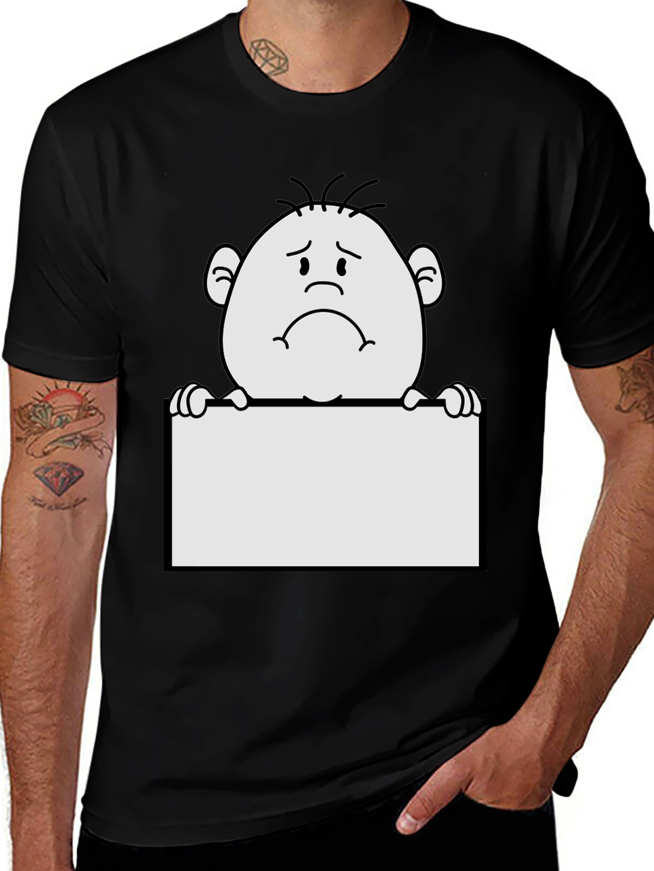 Sad Character Graphic Print Black T-Shirt