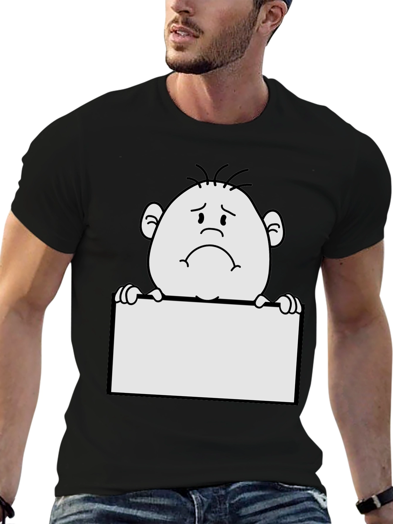Sad Character Graphic Print Black T-Shirt