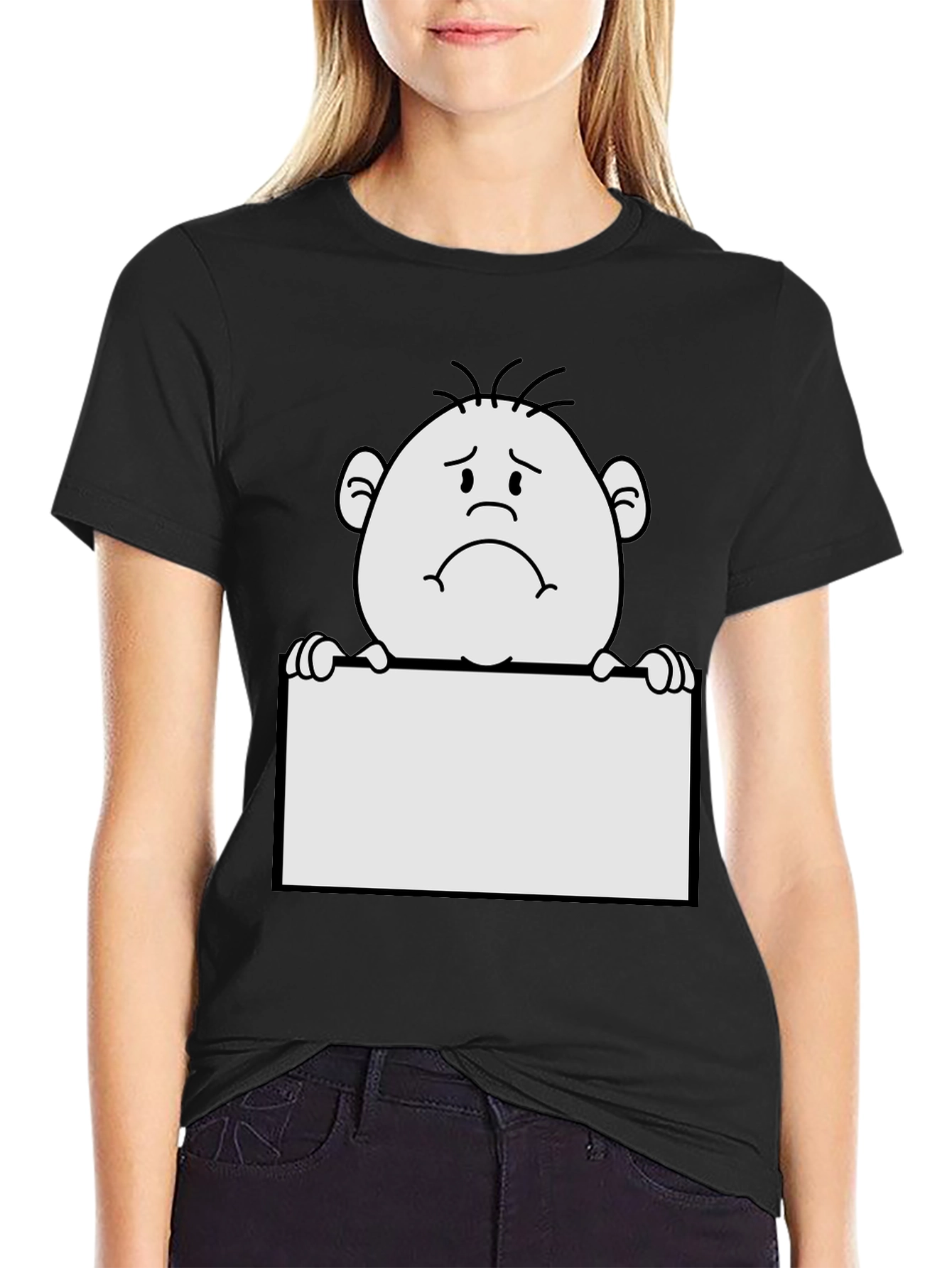 Sad Character Graphic Print Black T-Shirt