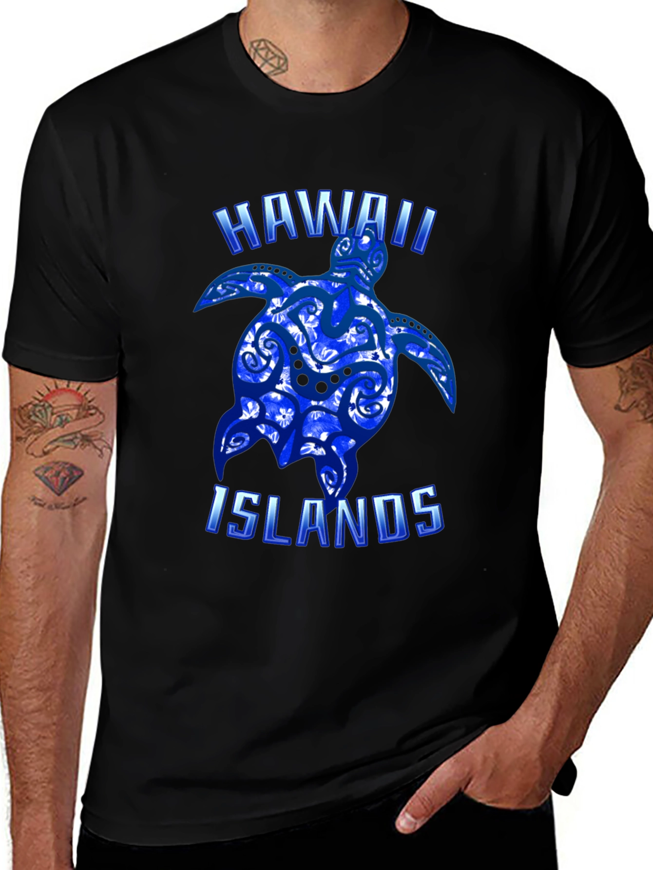 Hawaii Islands Turtle Graphic T-Shirt - Black