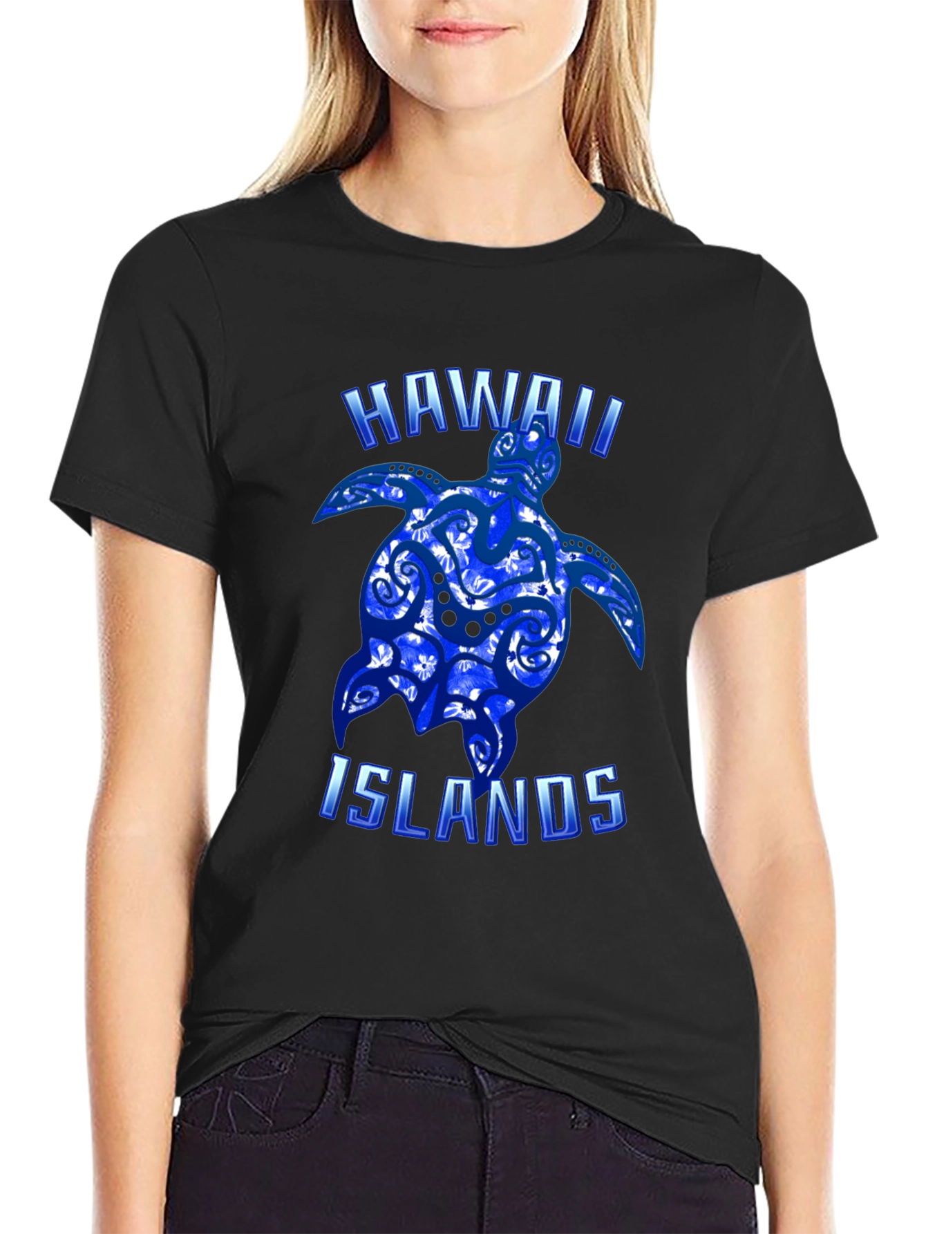 Hawaii Islands Turtle Graphic T-Shirt - Black