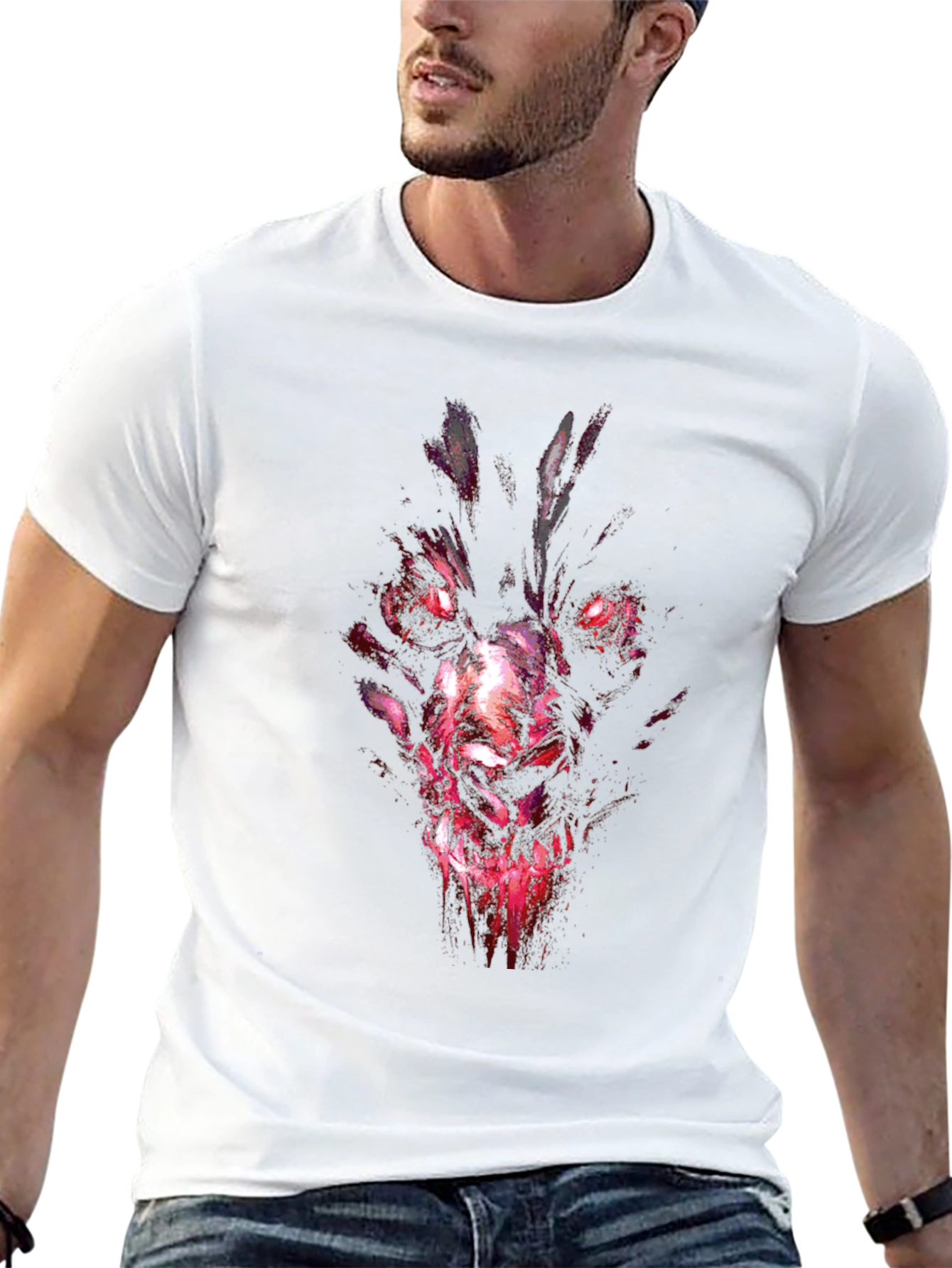 Mens Black Graphic Tee - Wolf Demon Design