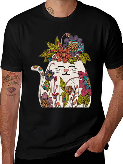 Floral Cat Graphic T-Shirt - Whimsical Mens Tee