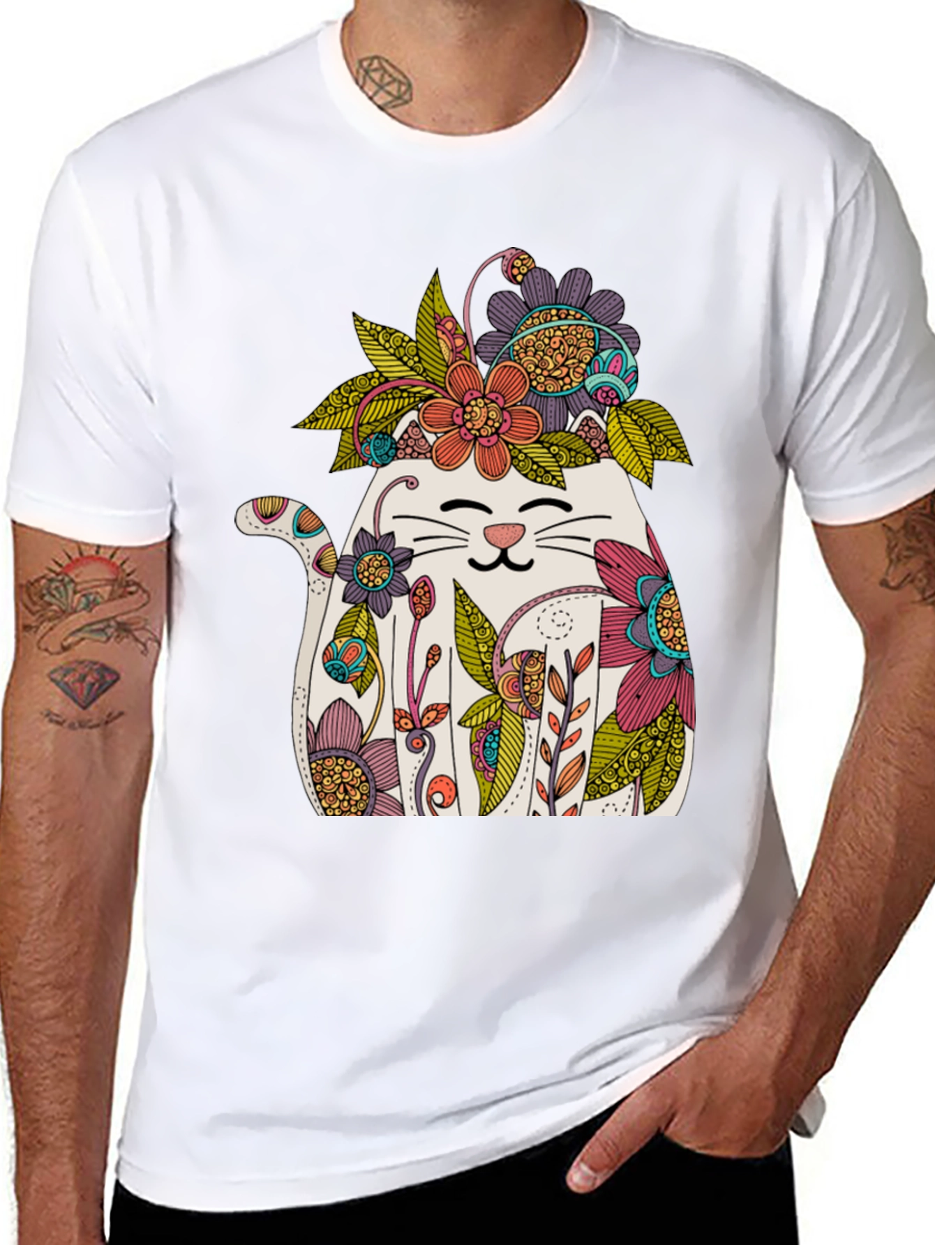 Floral Cat Graphic T-Shirt - Whimsical Mens Tee