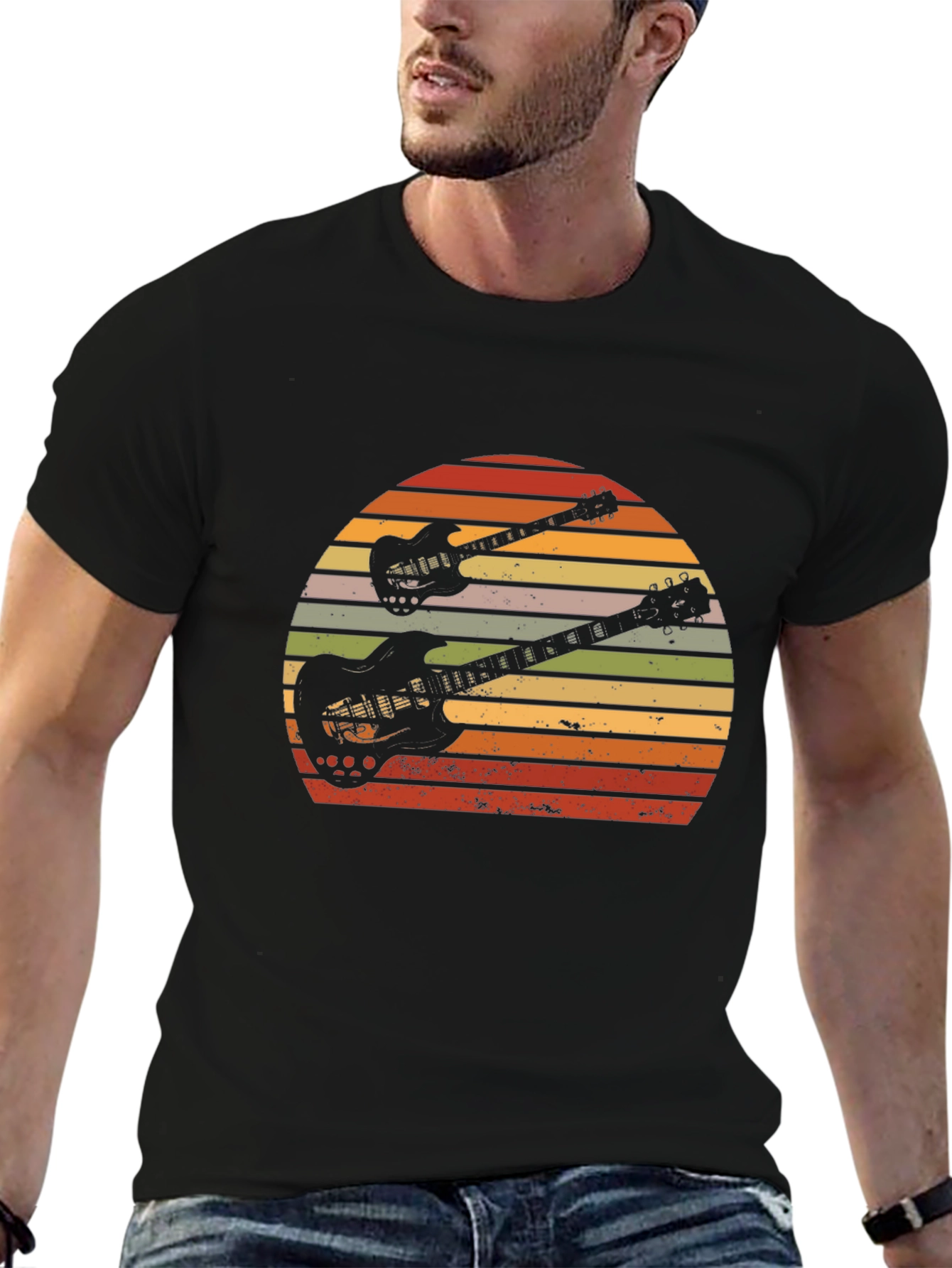 Retro Guitar Sunset Graphic T-Shirt