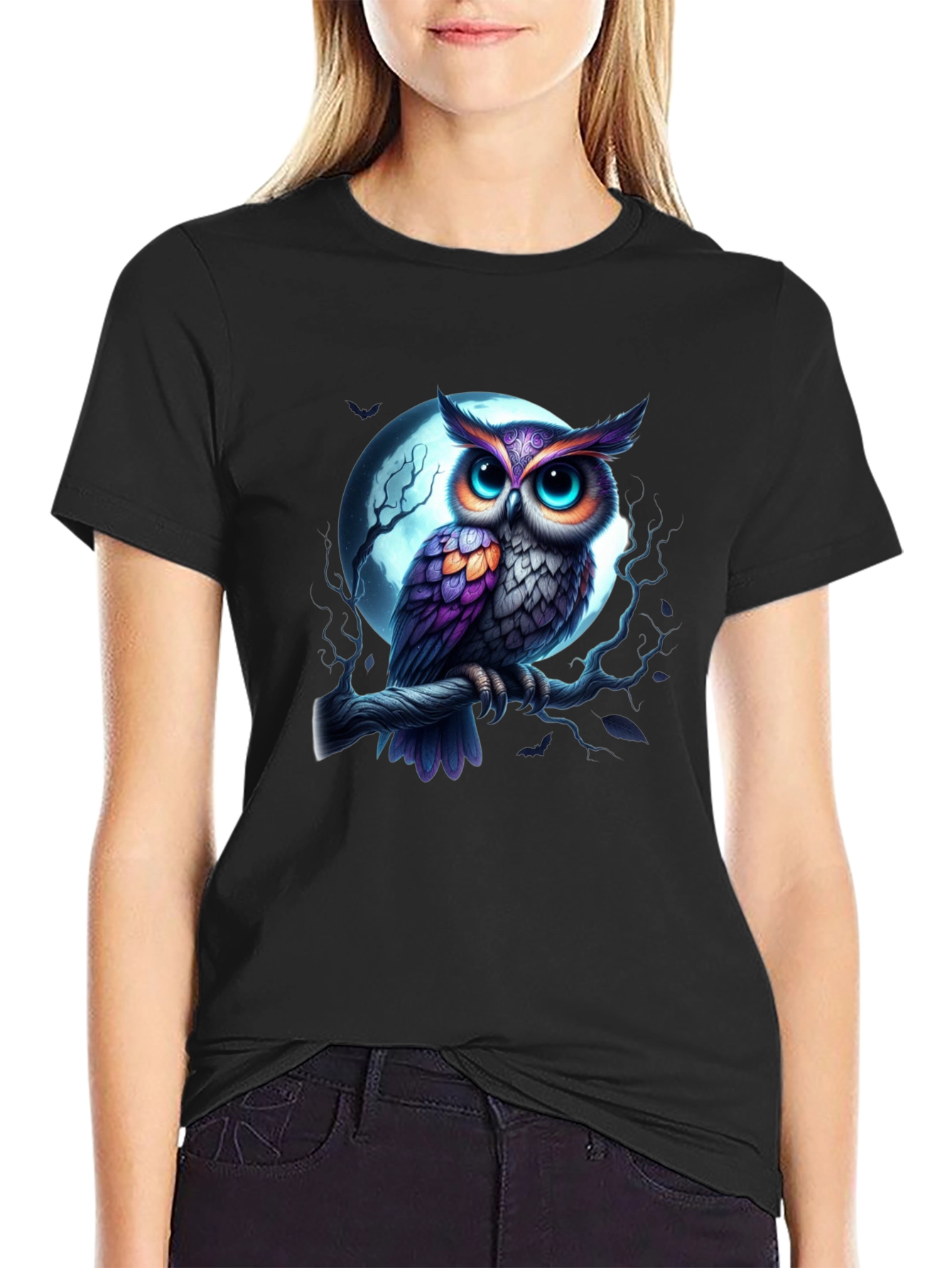Owl and Moon Graphic Tee - Black Casual Shirt