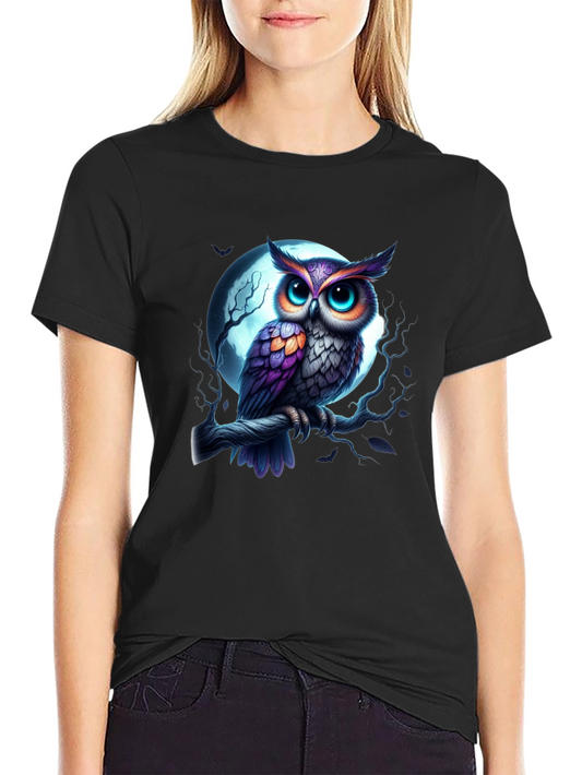 Owl and Moon Graphic Tee - Black Casual Shirt