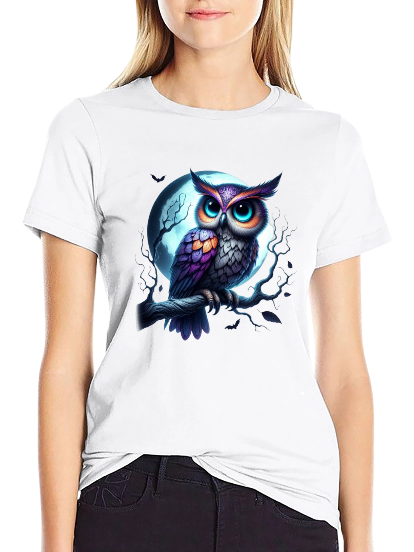 Owl and Moon Graphic Tee - Black Casual Shirt