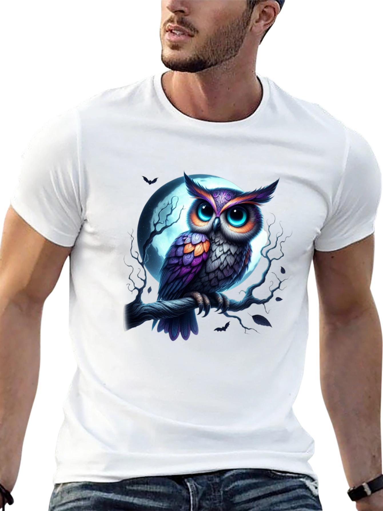 Owl and Moon Graphic Tee - Black Casual Shirt