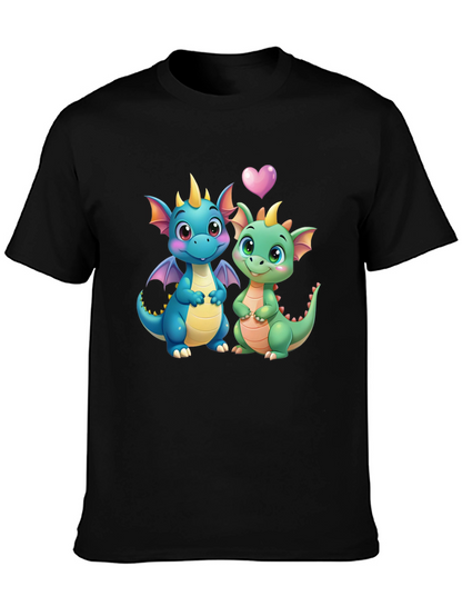 Cute Dragon Couple Graphic Tee - Black