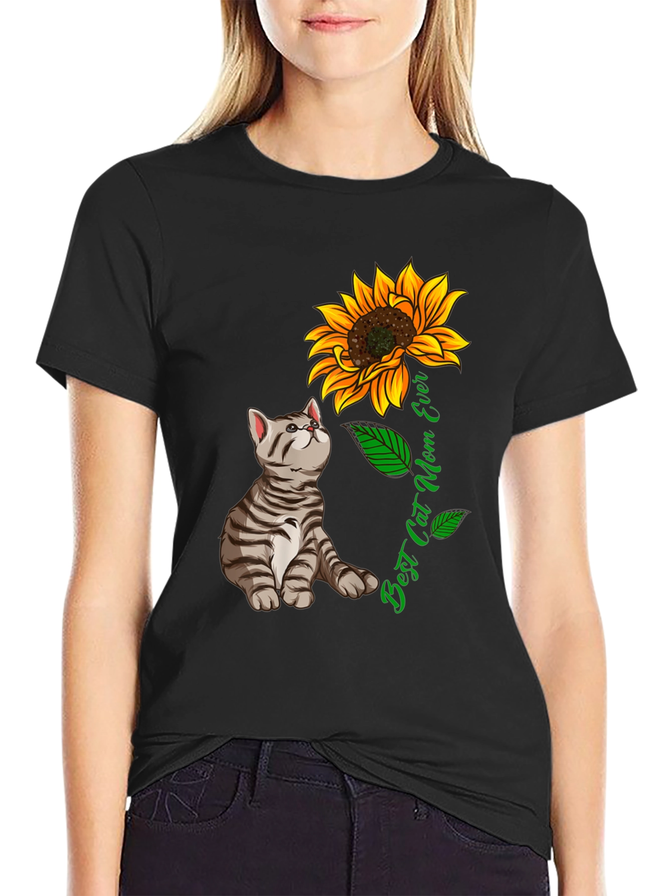 Best Cat Mom Ever T-Shirt Sunflower Graphic