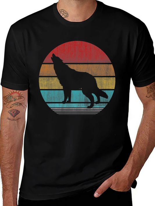 Vintage Sunset Wolf Graphic Tee - Black Cotton T-Shirt