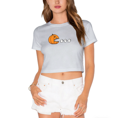 Funny Pumpkin Chasing Ghosts Halloween Crop Top