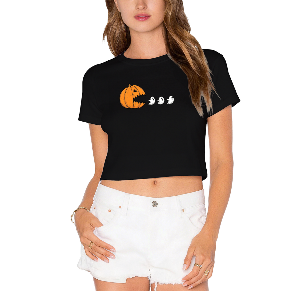 Funny Pumpkin Chasing Ghosts Halloween Crop Top