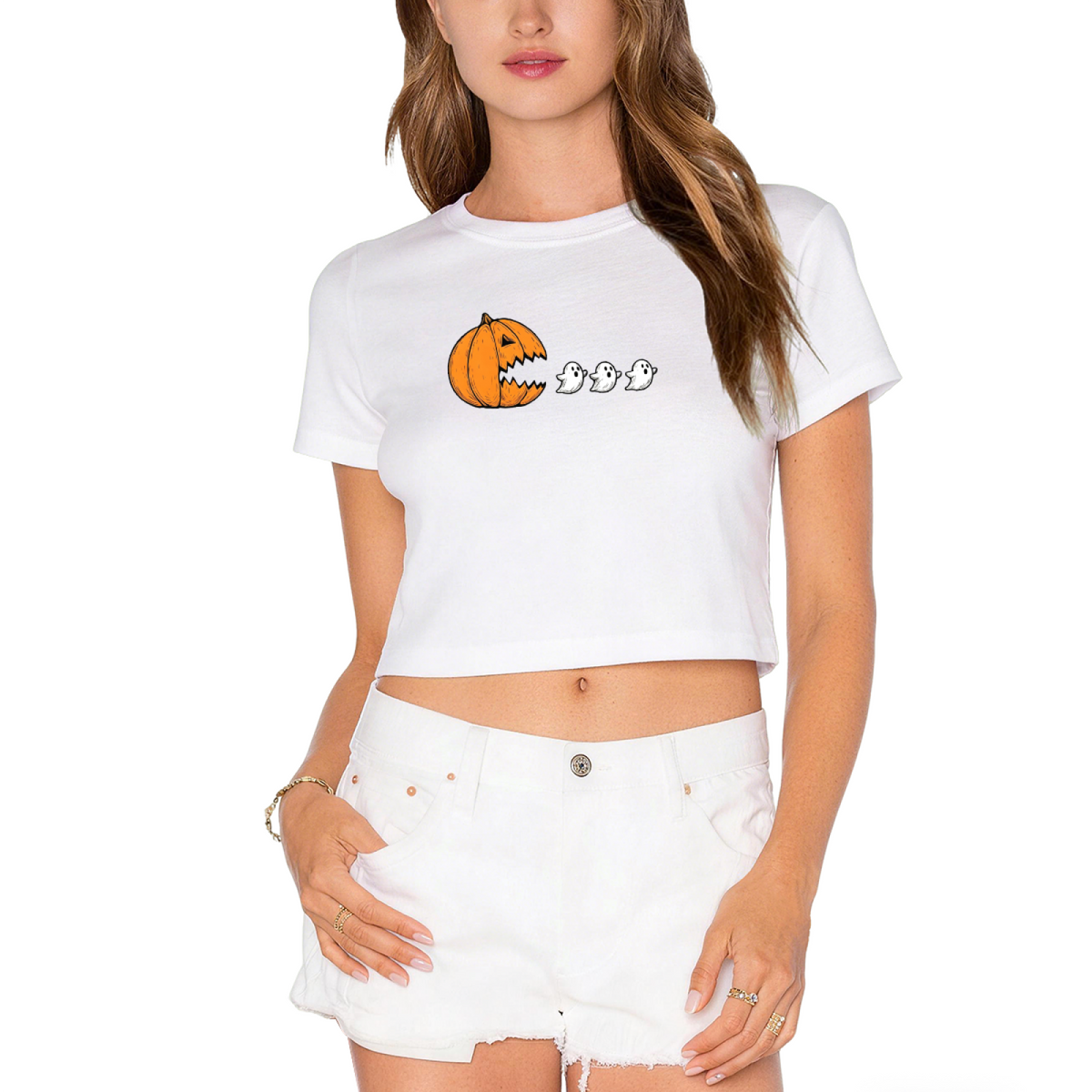 Funny Pumpkin Chasing Ghosts Halloween Crop Top
