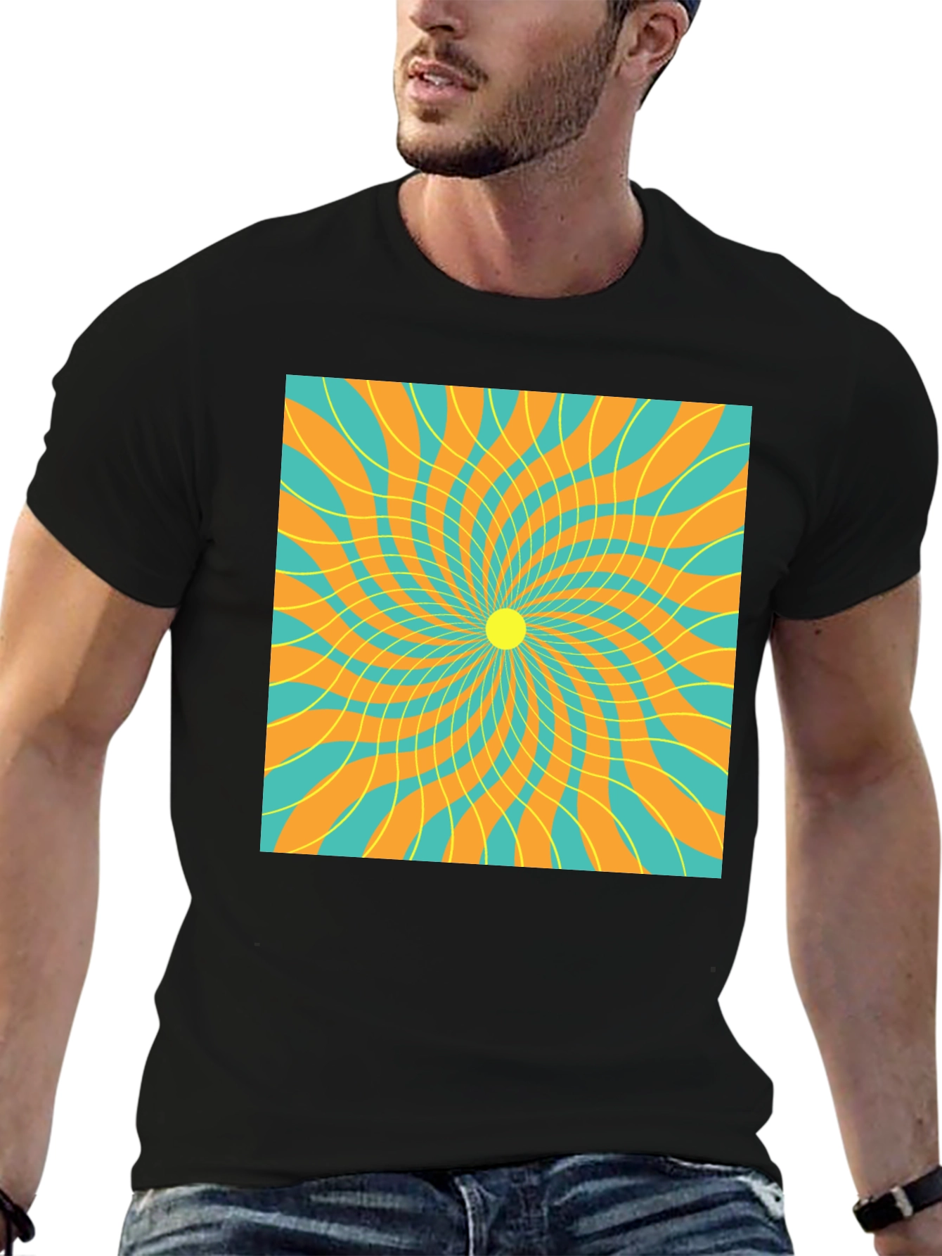 Retro Swirl Graphic Tee - Black Cotton T-Shirt