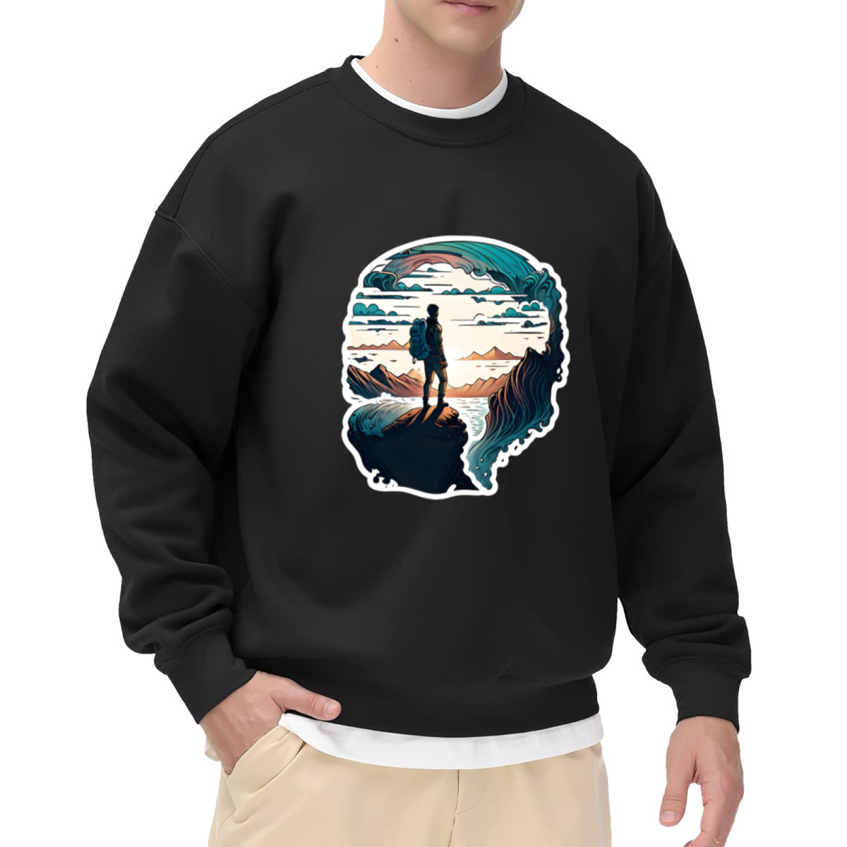 Backpacker Cliff Adventure Crewneck Sweatshirt - Hiking Travel Nature Pullover