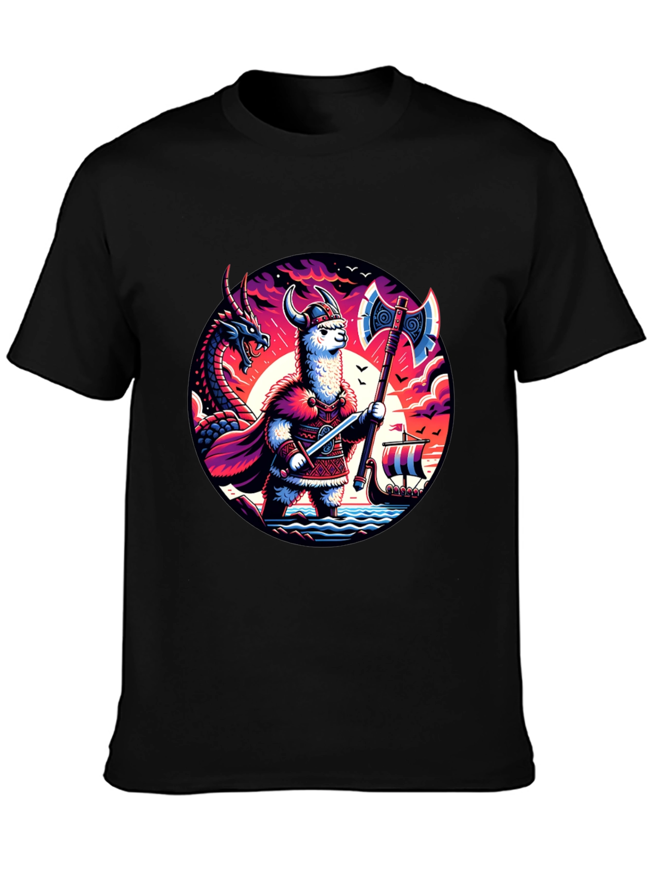 Llama Viking Graphic T-Shirt - Crew Neck