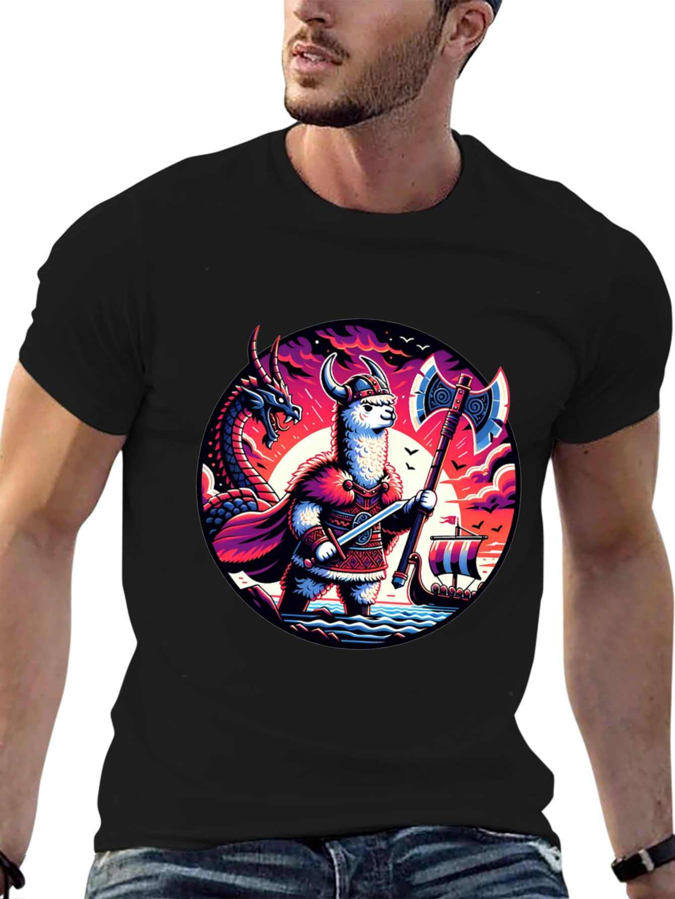 Llama Viking Graphic T-Shirt - Crew Neck