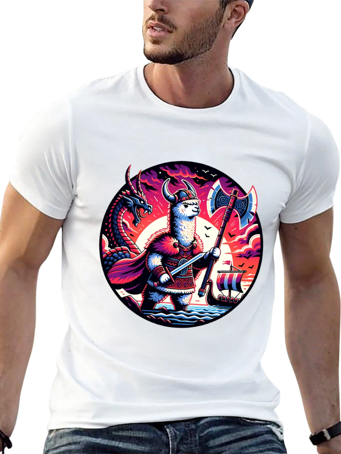 Llama Viking Graphic T-Shirt - Crew Neck