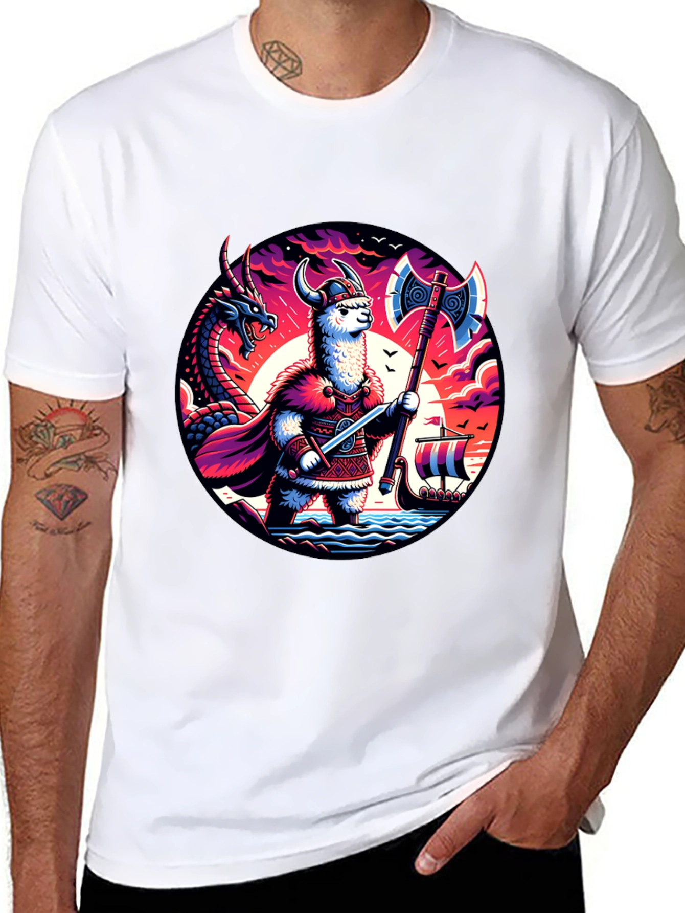 Llama Viking Graphic T-Shirt - Crew Neck