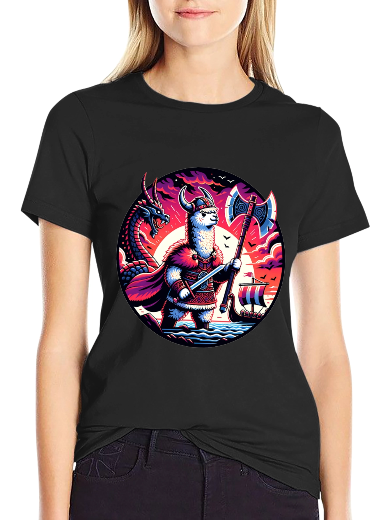 Llama Viking Graphic T-Shirt - Crew Neck