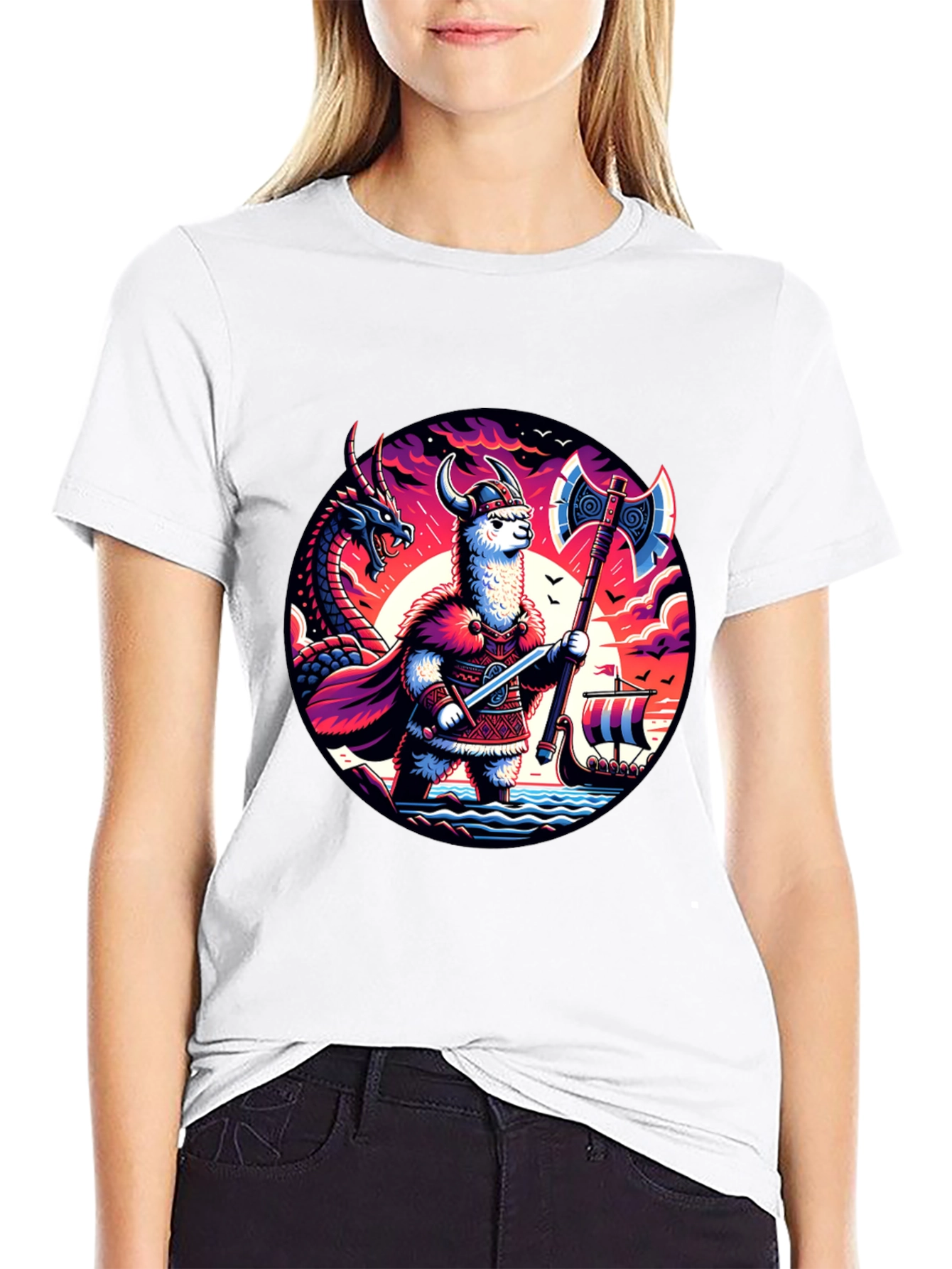 Llama Viking Graphic T-Shirt - Crew Neck