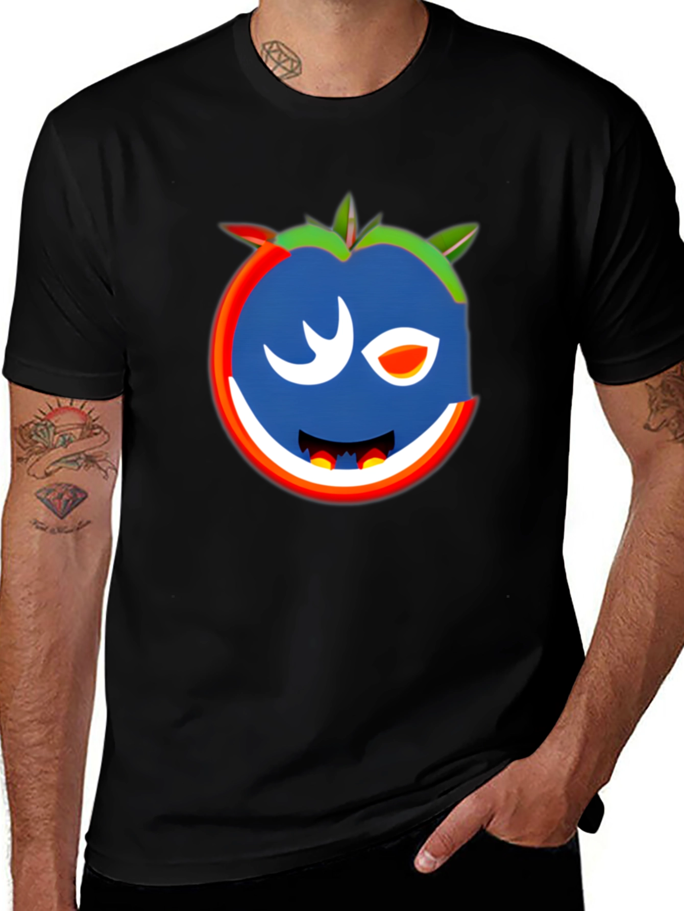 Whimsical Wink Tomato Graphic Tee - Black Cotton Blend