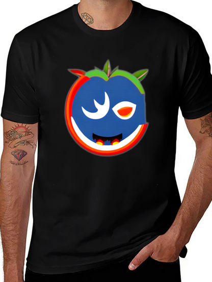 Whimsical Wink Tomato Graphic Tee - Black Cotton Blend