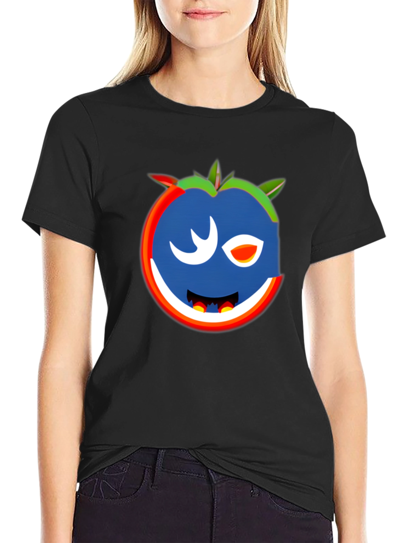 Whimsical Wink Tomato Graphic Tee - Black Cotton Blend