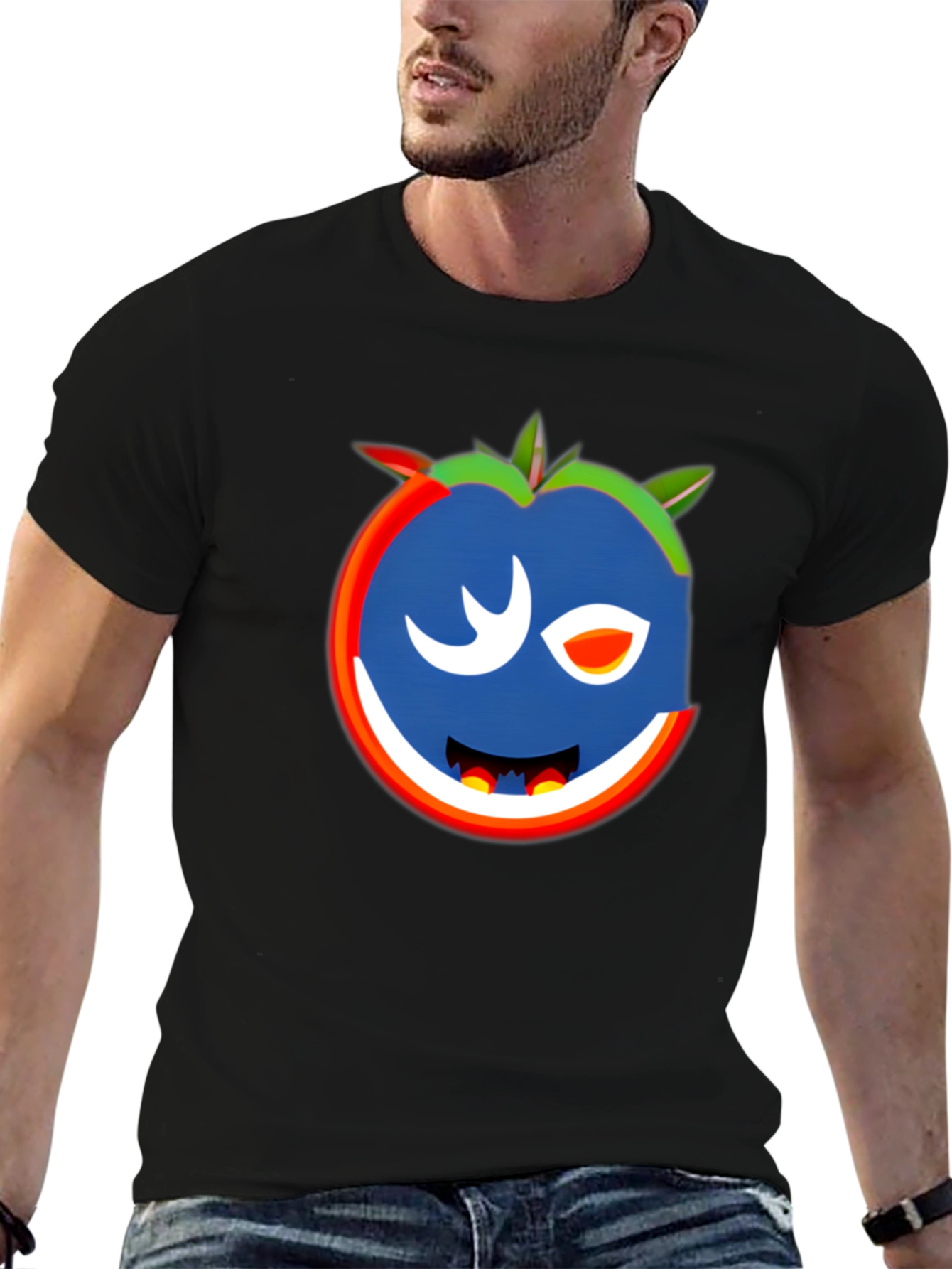 Whimsical Wink Tomato Graphic Tee - Black Cotton Blend