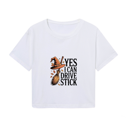 Yes I Can Drive Stick Witch Broom Funny Halloween Crop Top