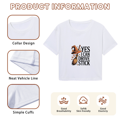 Yes I Can Drive Stick Witch Broom Funny Halloween Crop Top
