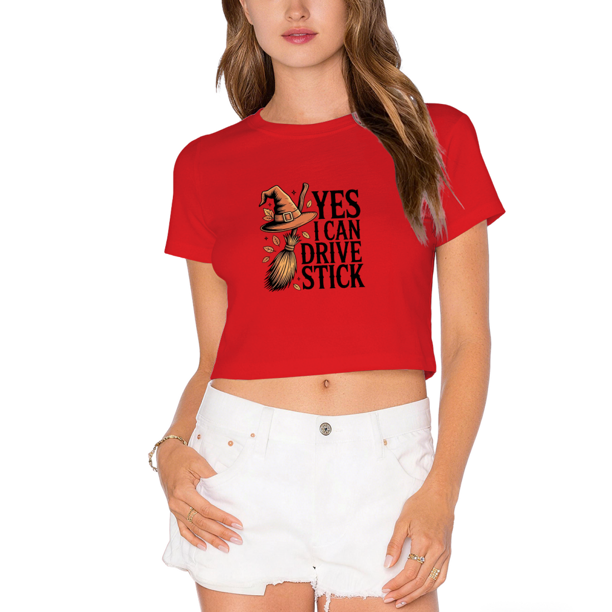 Yes I Can Drive Stick Witch Broom Funny Halloween Crop Top