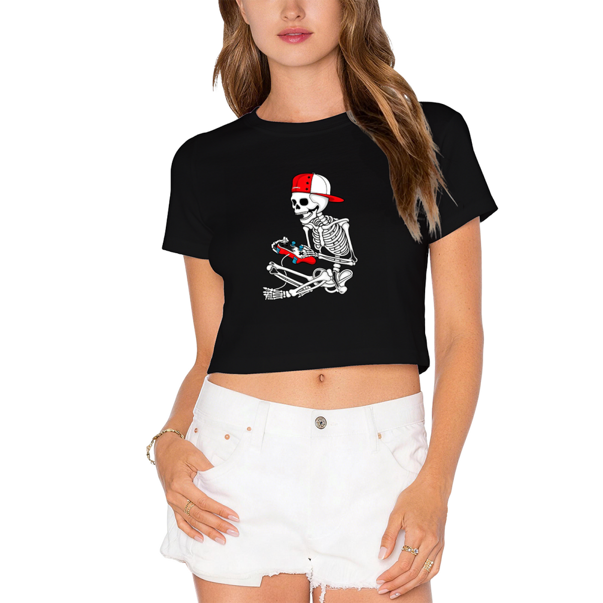 Gamer Skeleton Retro Halloween Fun Crop Top