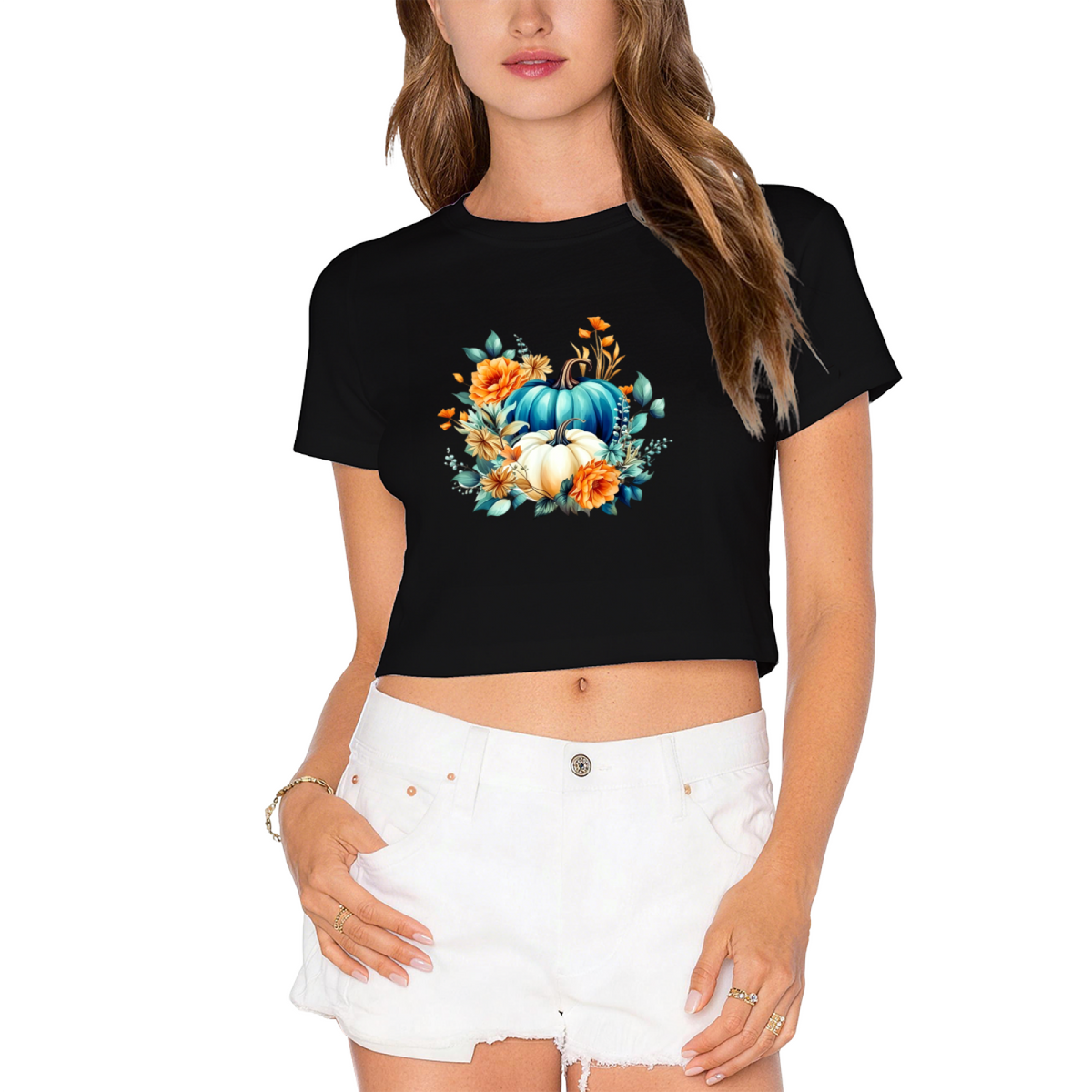 Teal & White Pumpkin Floral Autumn Vibes Cropped T?Shirt