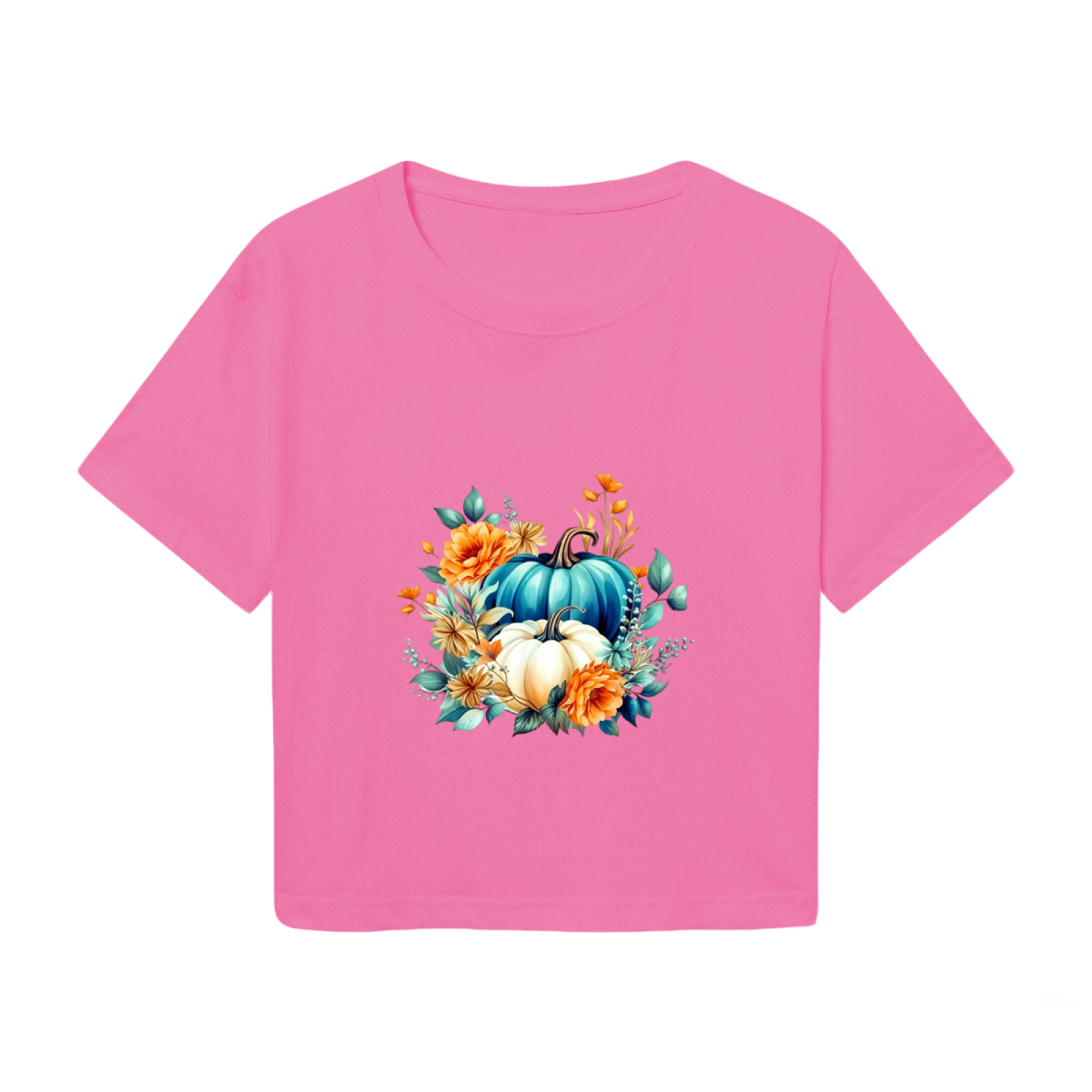 Teal & White Pumpkin Floral Autumn Vibes Cropped T?Shirt