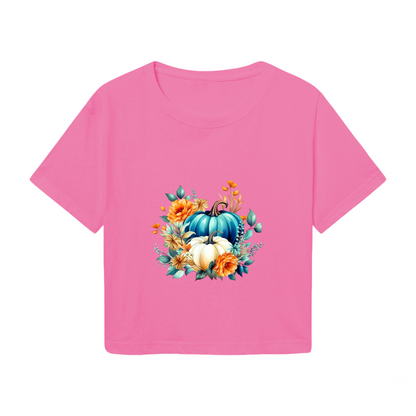 Teal & White Pumpkin Floral Autumn Vibes Cropped T?Shirt