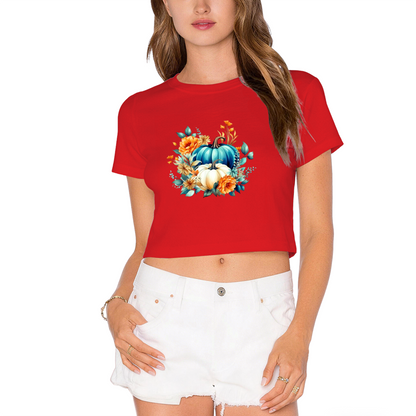 Teal & White Pumpkin Floral Autumn Vibes Cropped T?Shirt