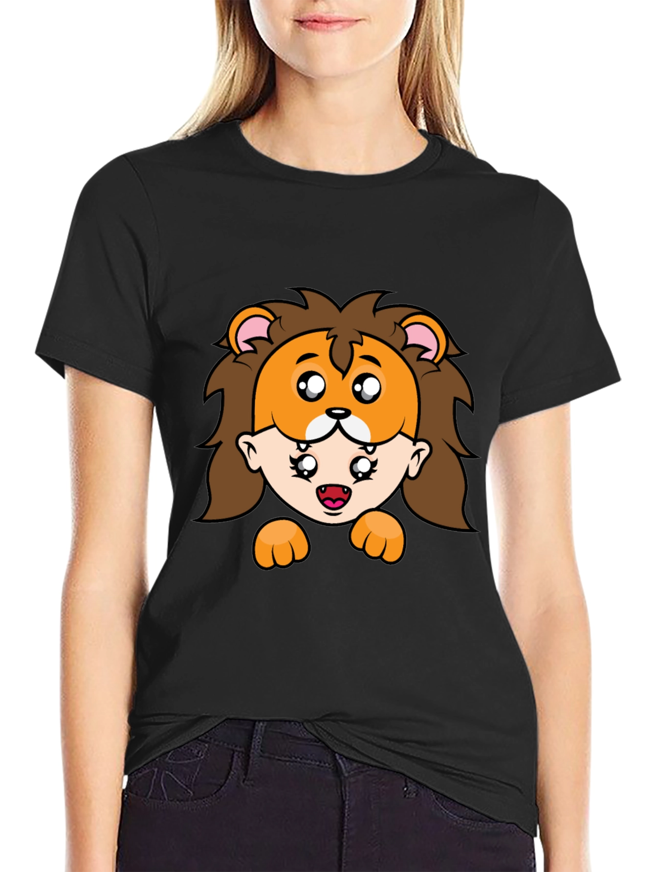 Lion Mask Cartoon Graphic Black T-Shirt