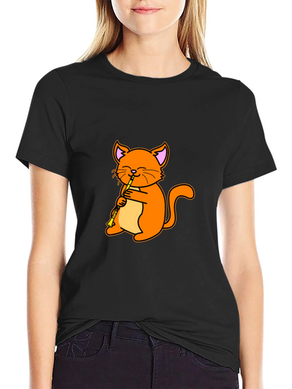 Cat Playing Clarinet Black T-Shirt