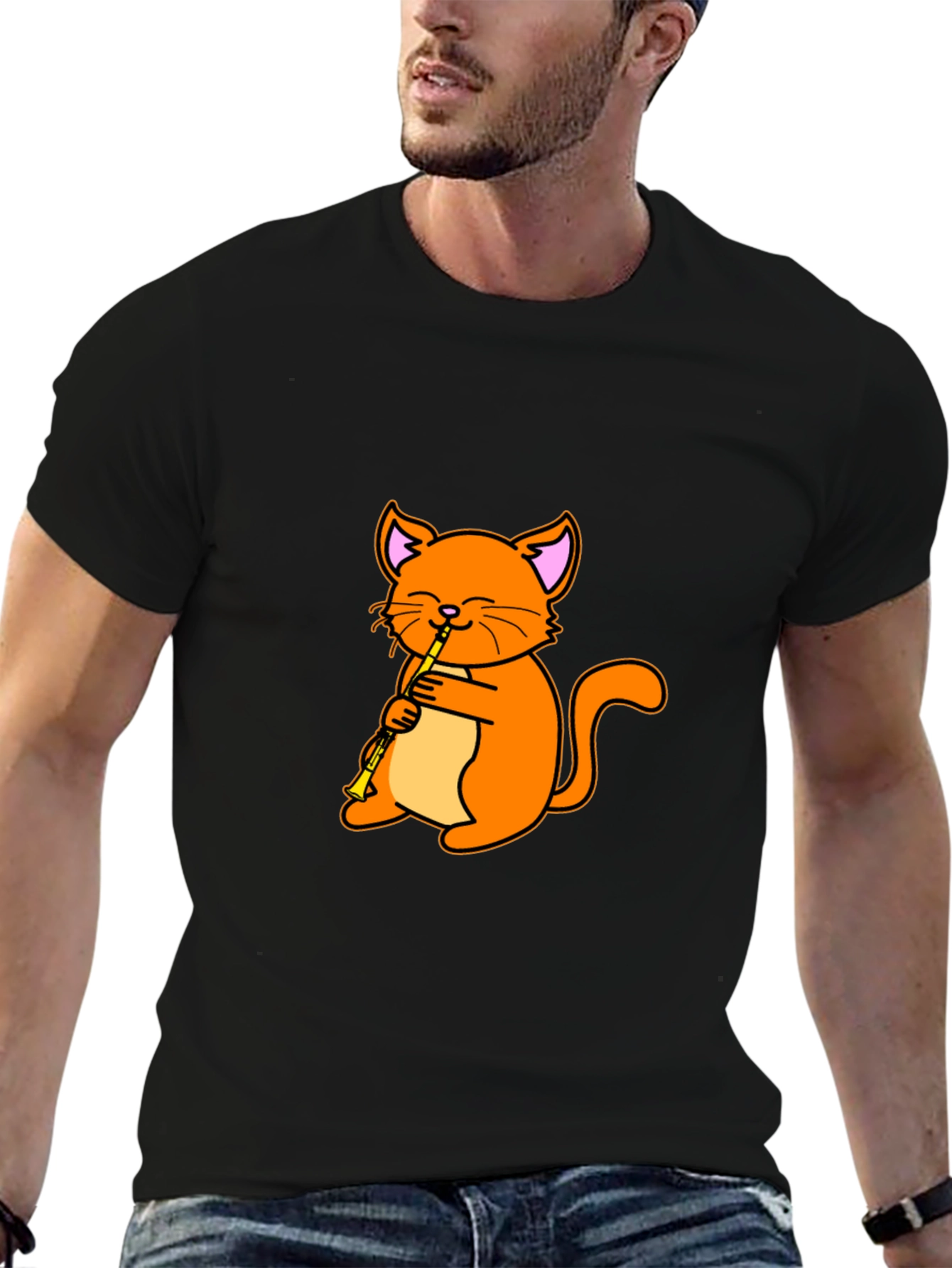 Cat Playing Clarinet Black T-Shirt