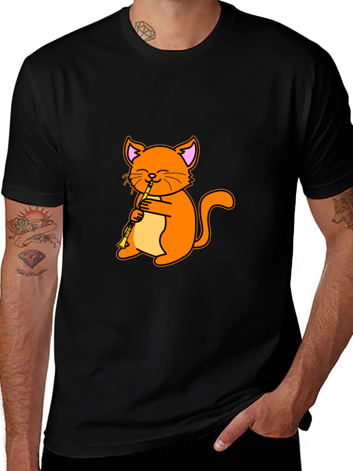 Cat Playing Clarinet Black T-Shirt