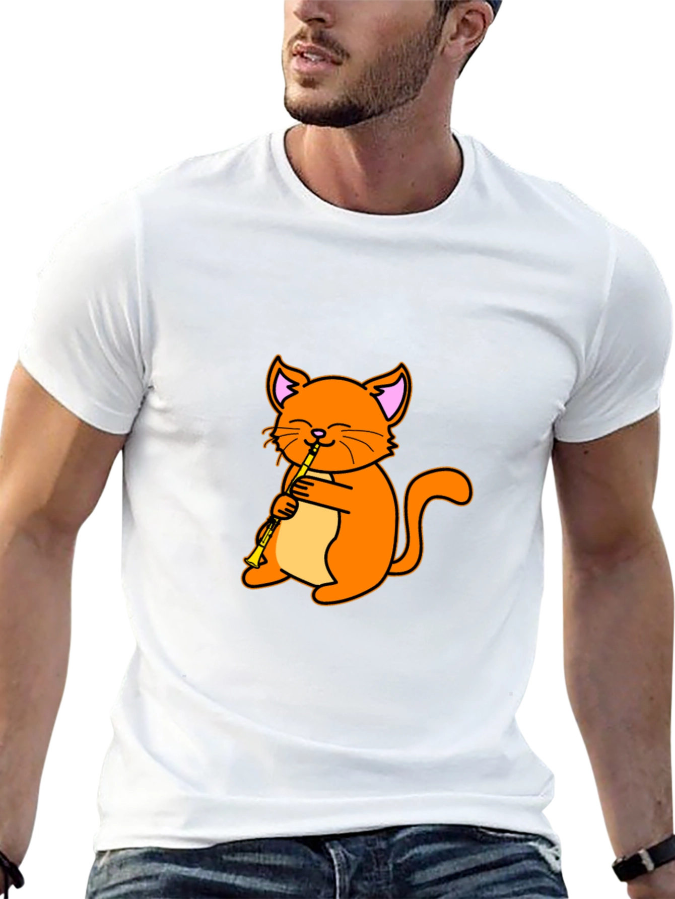 Cat Playing Clarinet Black T-Shirt