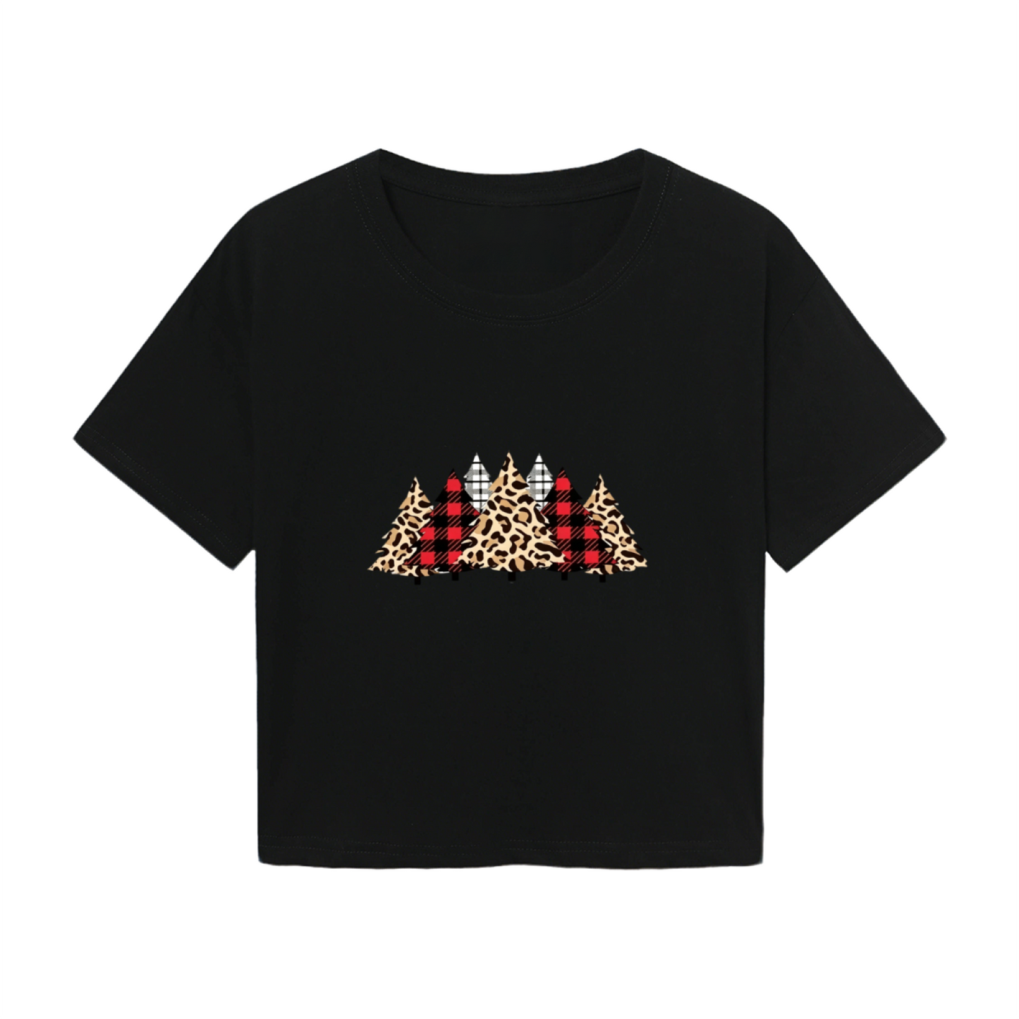 Leopard Buffalo Plaid Christmas Trees Trendy Holiday Crop Tee