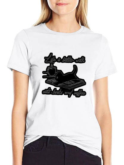 Life is Better with Cats Books and Coffee T-Shirt