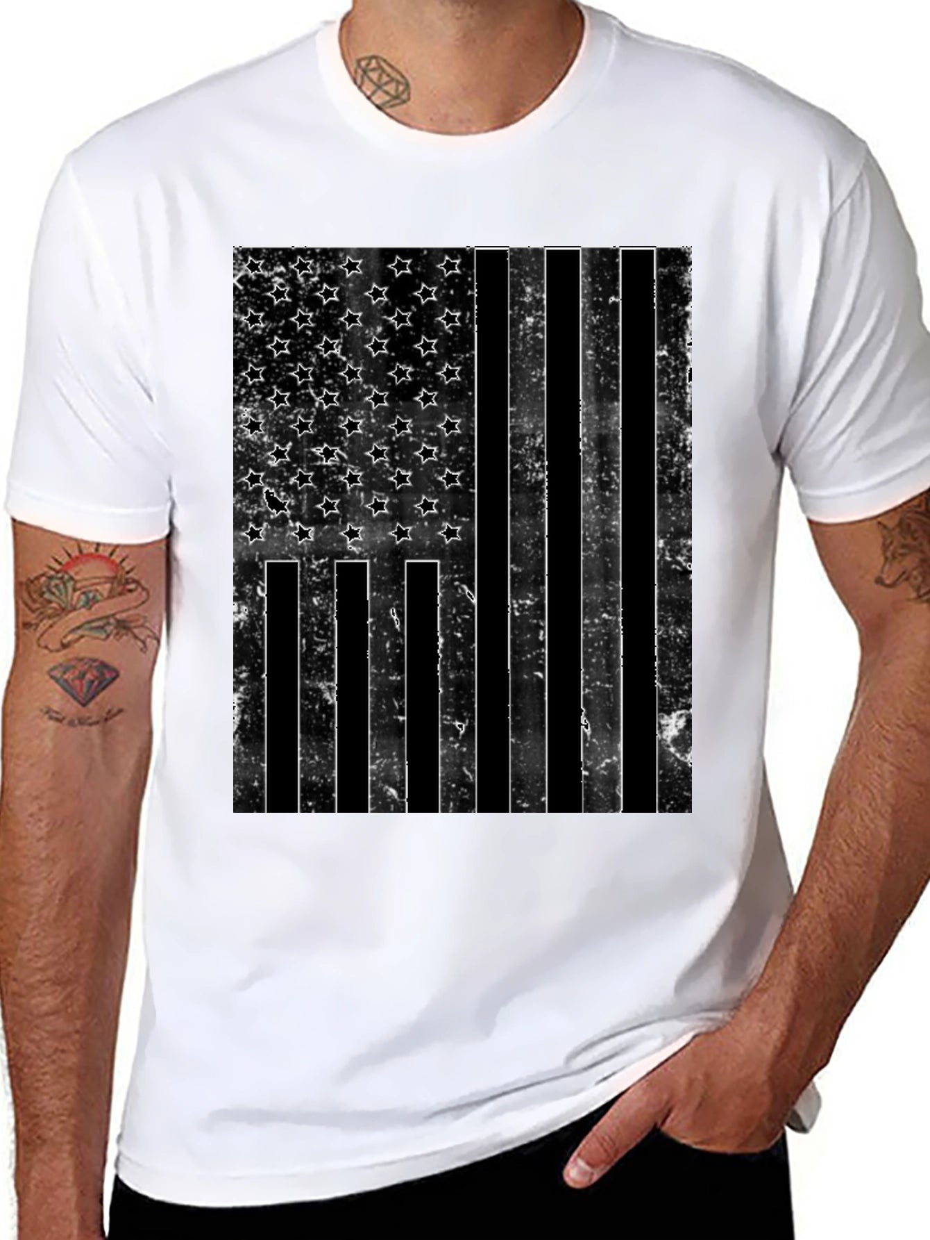Distressed American Flag Graphic Tee - Black