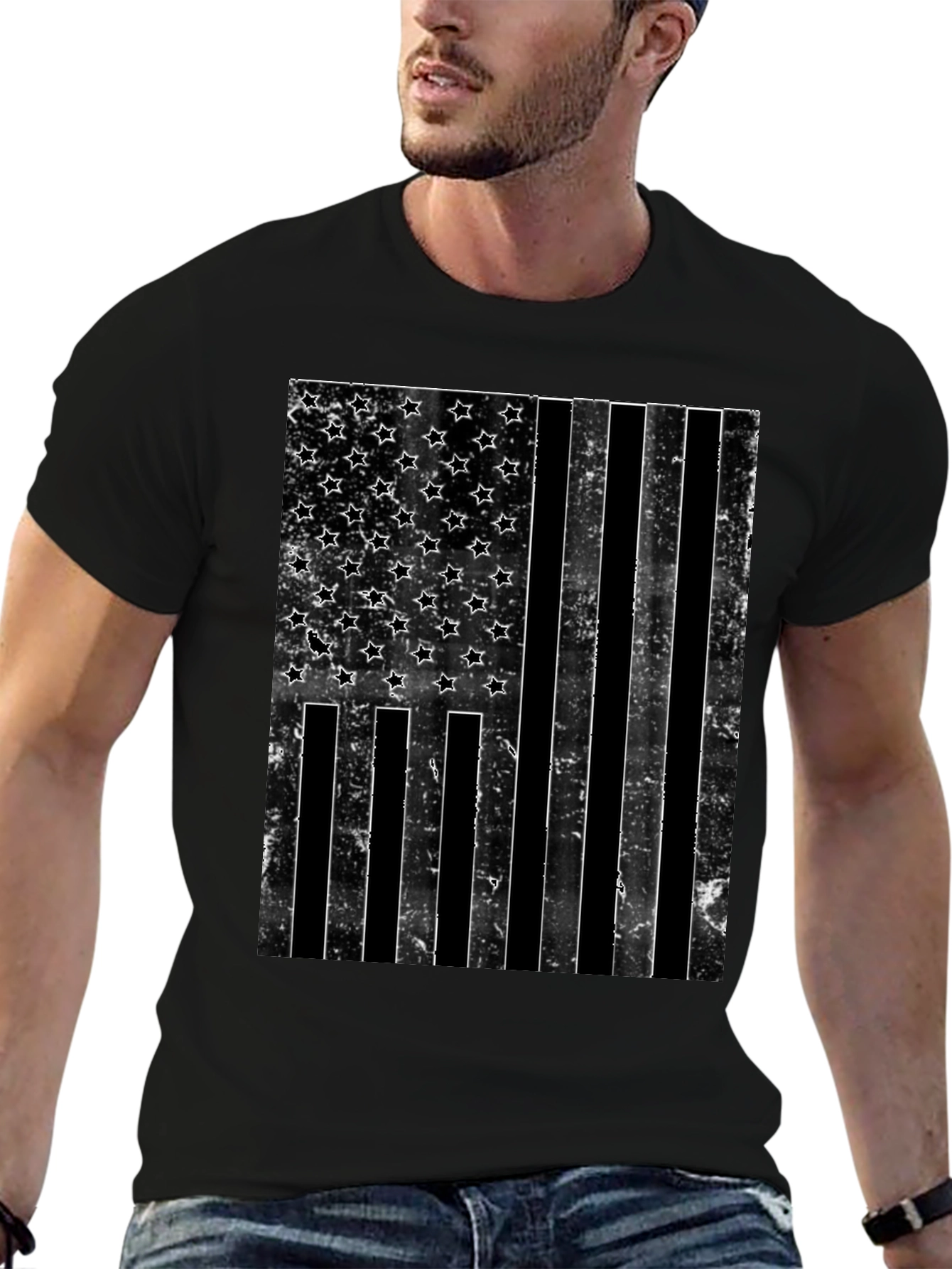 Distressed American Flag Graphic Tee - Black
